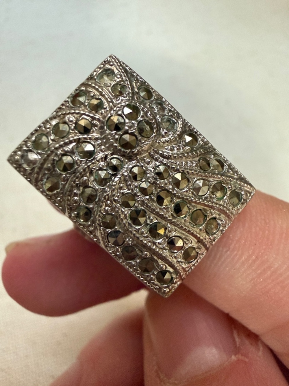 Sterling Silver 925 Marcasite Pavé Rectangular Statement Ring size 6.25 - Picture 9 of 12